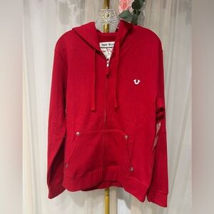 True Religion Ruby Red Zip Up Hoodie Classic Horseshoe Logo Size L NWT